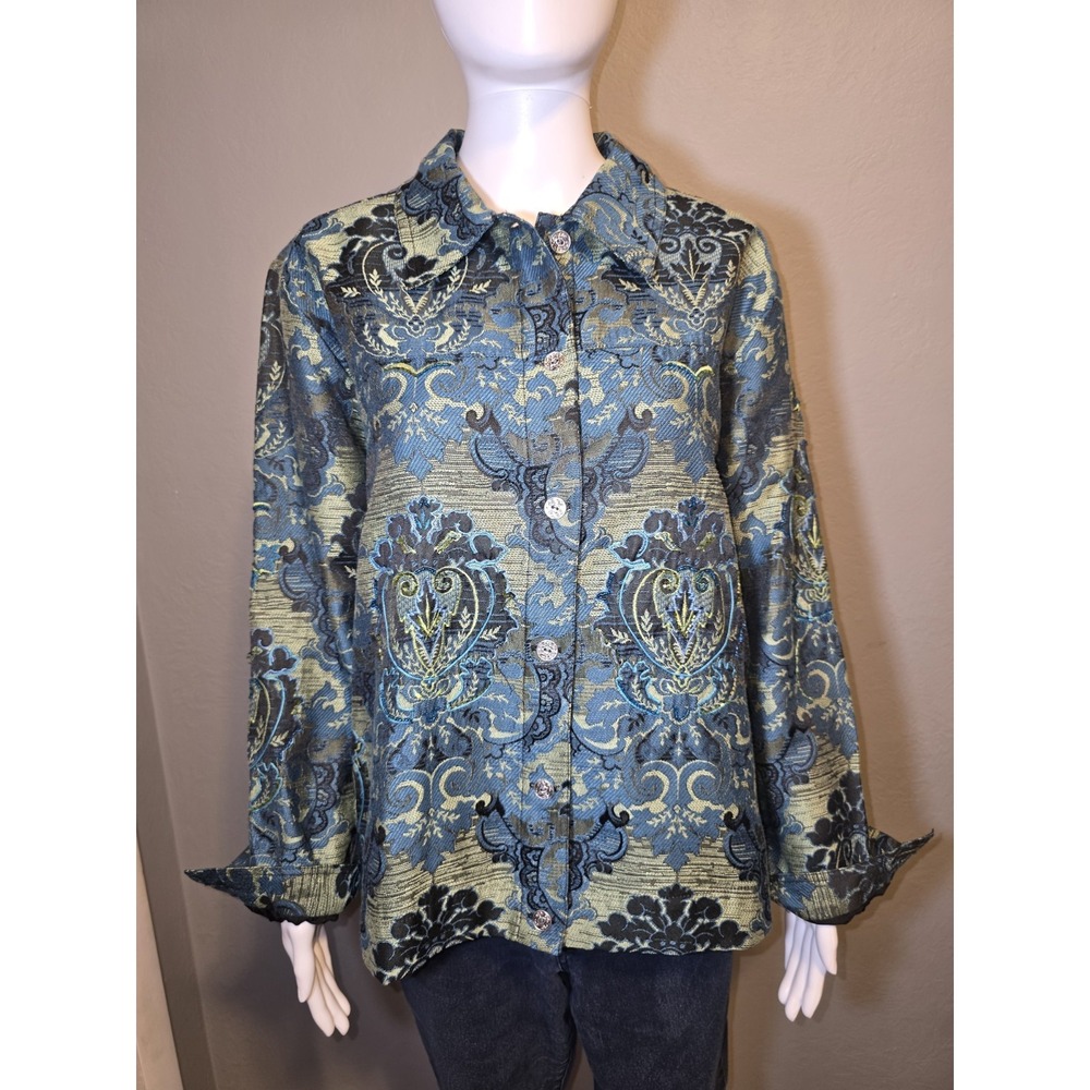 Laura Ashley Floral Brocade Beaded Intricate Pattern Jacket Blue Teal Sz 1X